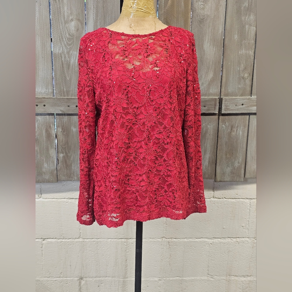 ONYX NITE‎ Red Sequin & Lace Top Blouse 3/4 Sleeves Lined Size XL Holiday Party